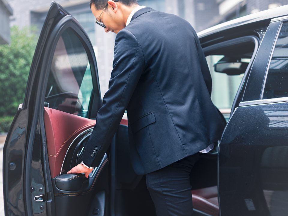 detail shot of young businessman sitting into his car.