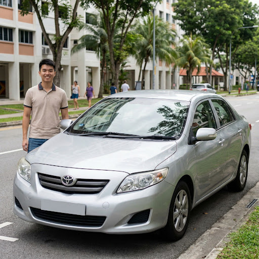 young Singaporean driver standing beside a Toyota Corolla Altis 1.6A