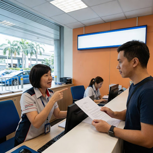 asking rental questions at the reception counter